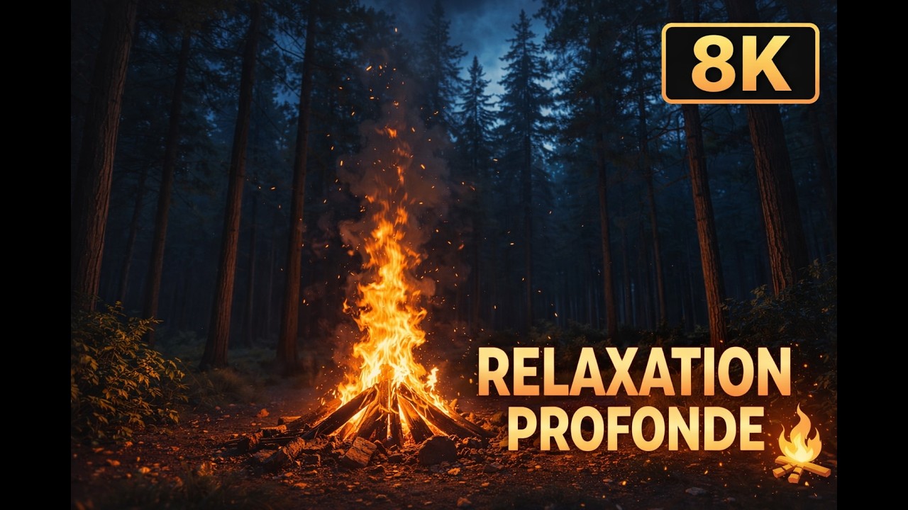 Relaxation profonde au coin du feu | Ambiance forêt nocturne en 8K