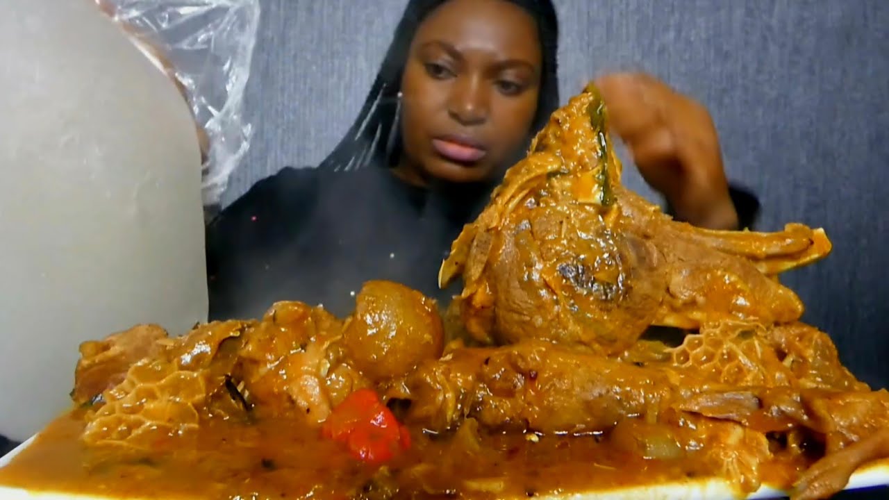 Asmr mukbang delicious cocoyam soup with assorted meat and fufu