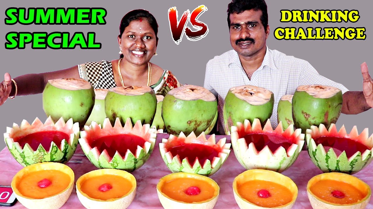 SUMMER SPECIAL JUICE CHALLENGE IN TAMIL FOODIES DIVYA VS RAJKUMAR /WARET MELON / TENDER COCONUT