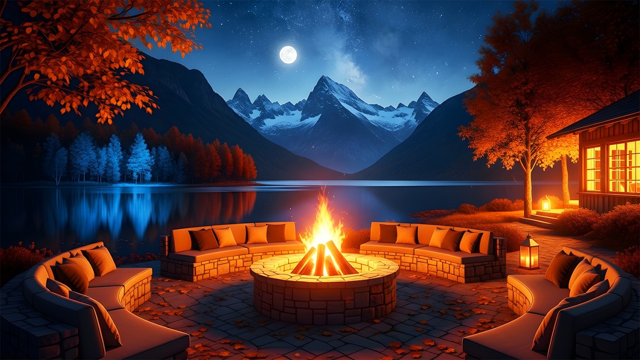 Cozy Night at the Lake | Relaxing Fireplace Ambience & Starry Night Sky