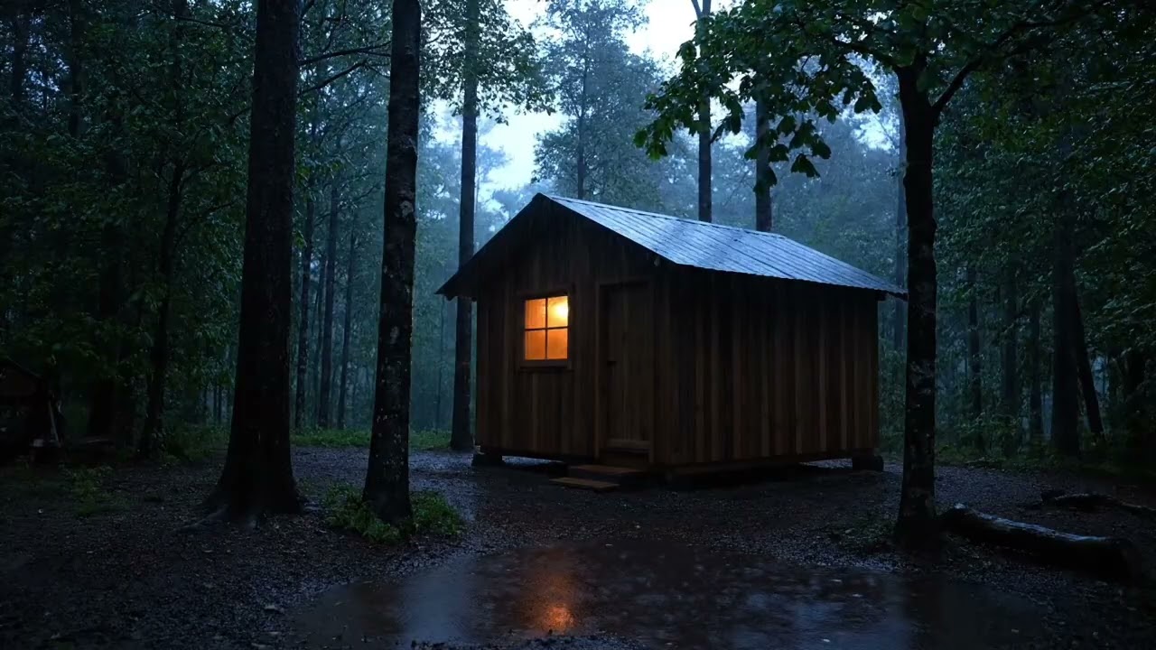 Rainfall on a Quiet Forest Camping Cabin at Dusk with Soft Mist and Deep Night Ambience