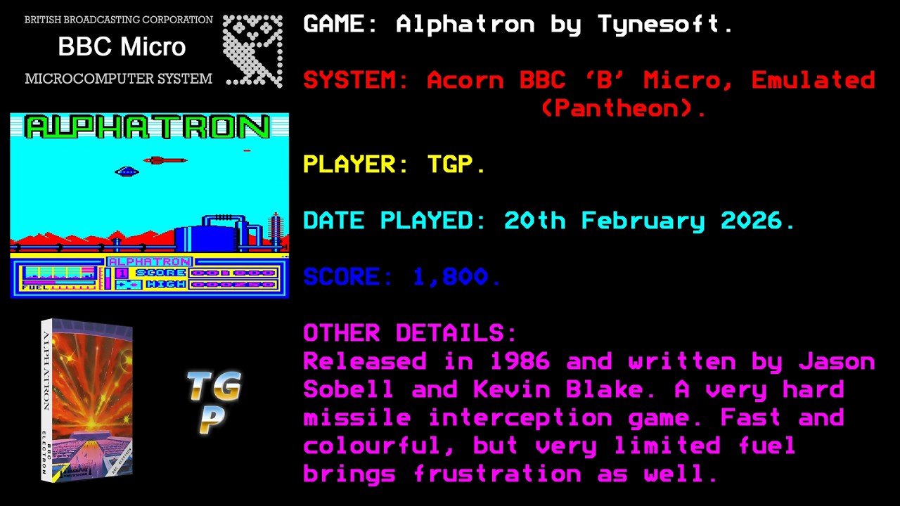 Alphatron - Tynesoft - BBC Micro - Emulated, Pantheon - 1,800 points.