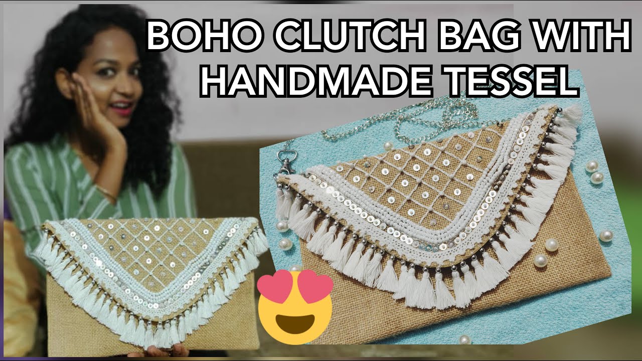 HOW TO MAKE BOHO CLUTCH BAG II DIY TESSEL ENVELOPE CLUTCH II ETHNIC JUTE CLUTCH