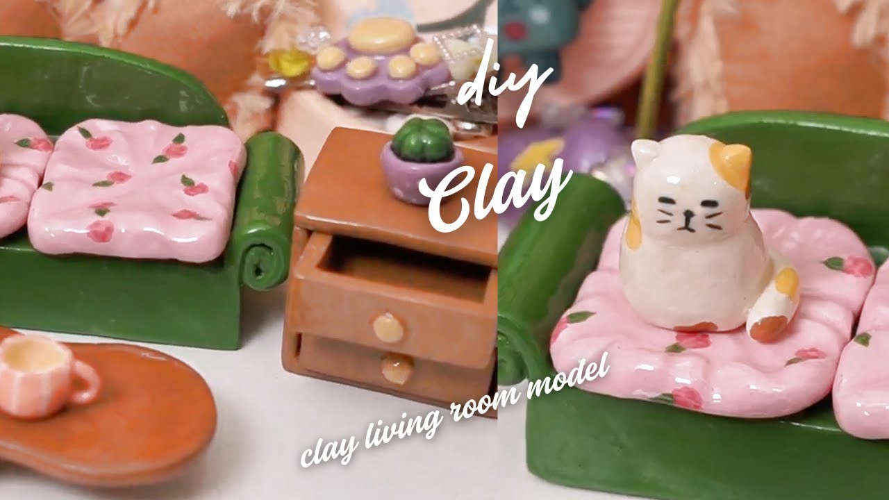 making a miniature living room model 🛋️ 🗄️☕with clay / diy clay miniature