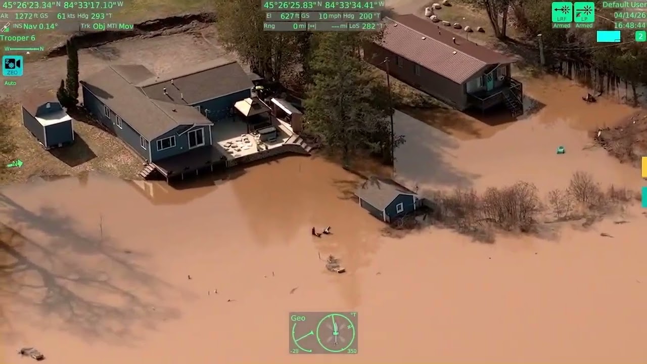 Michigan State Police helicopter surveys widespread flooding in Cheboygan County