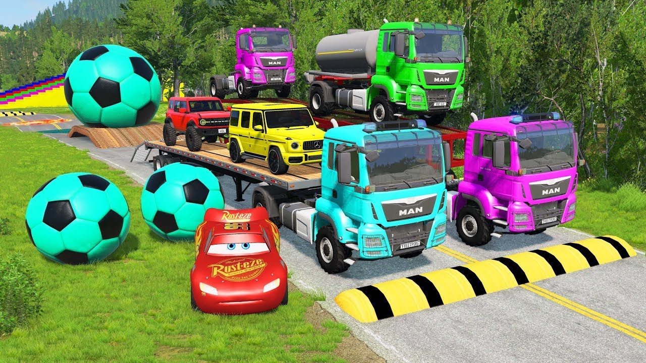 Double Flatbed Trailer Truck cars vs rails tractor vs train cars vs bollards Beamng Drive 361