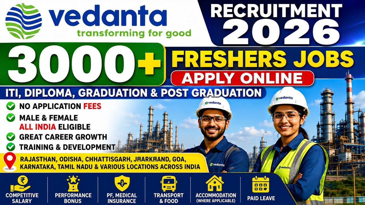 Vedanta Limited Permanent Recruitment 2026 | 3000+ Vacancies | ITI, Diploma, Graduate, B.Tech, B.E