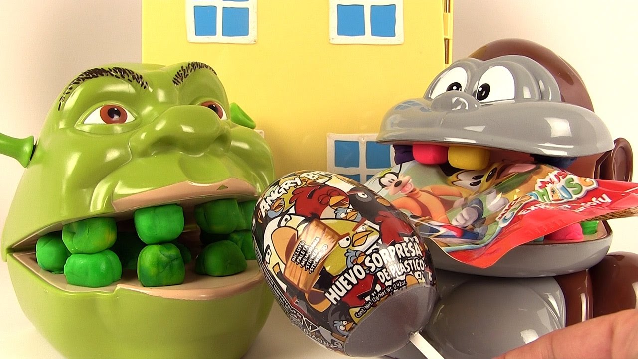 Play Doh Dentiste Shrek mange des œufs surprises avec le singe