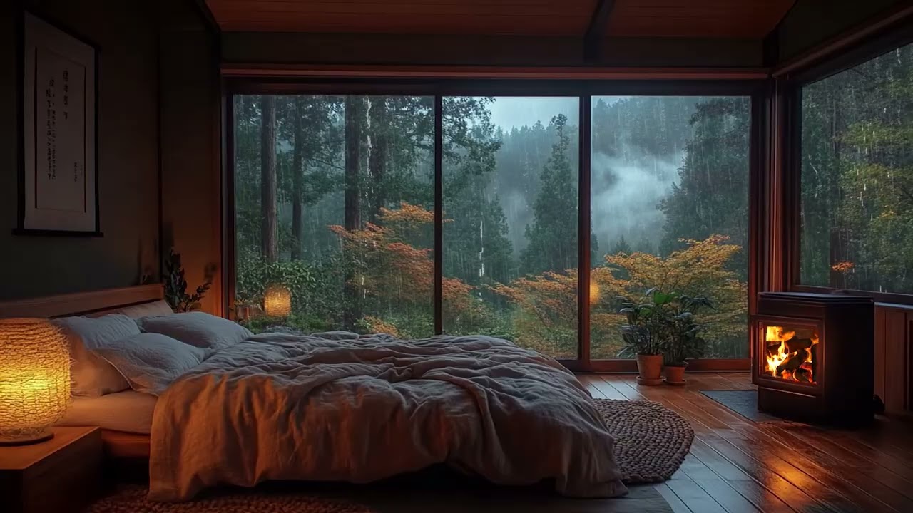 Night Rain in Cozy Mountain Cabin 🌧️ Lush Forest View for Deep Sleep, Focus, Study, Meditation