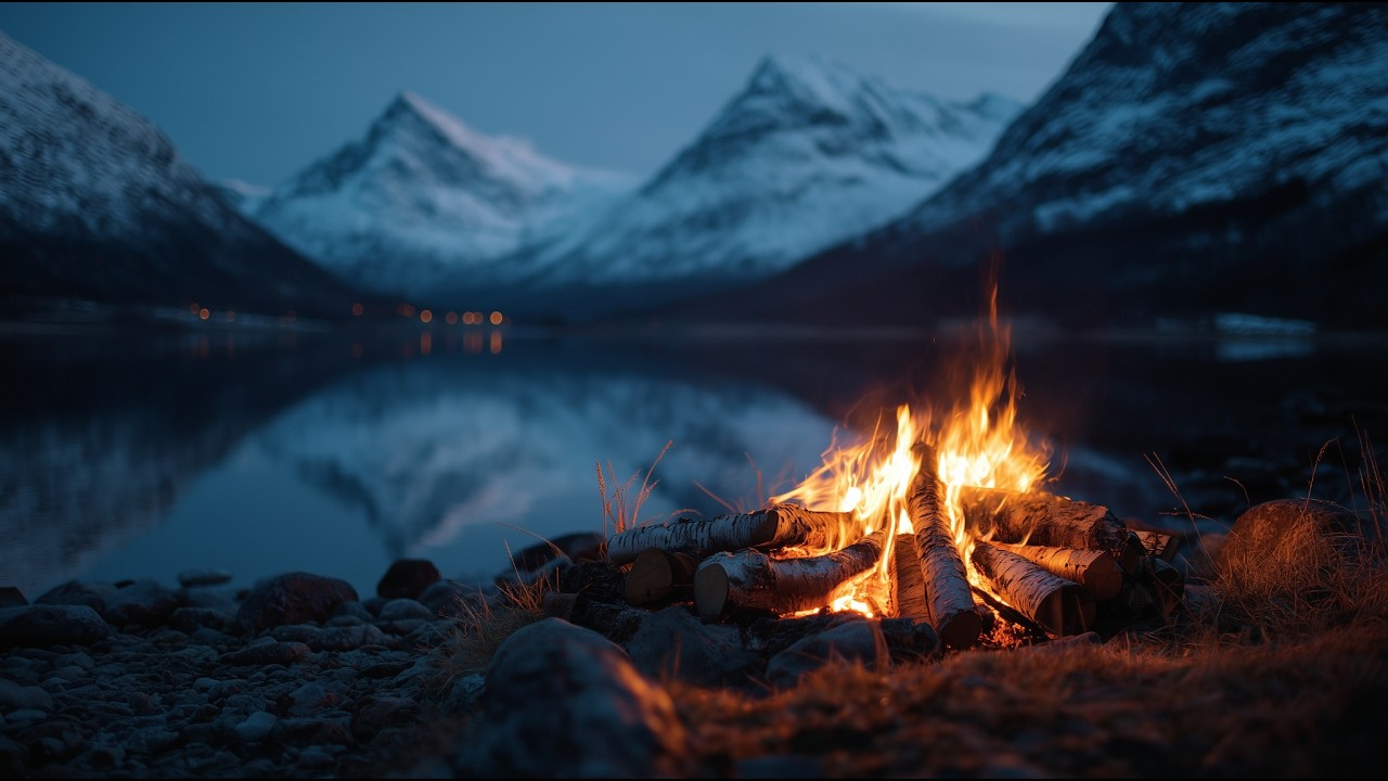 10 Hours Campfire by a Nordic Mountain Lake 🔥 Relaxing Fire Sounds & Calm Night Ambience