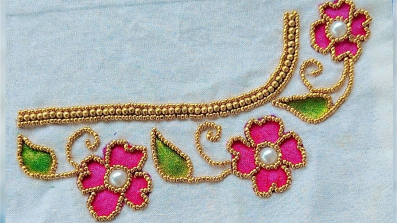 Viral Pink&Gold Flower Neck Design: Must-Try Aari Work Combination.#viral #public #trending #youtube