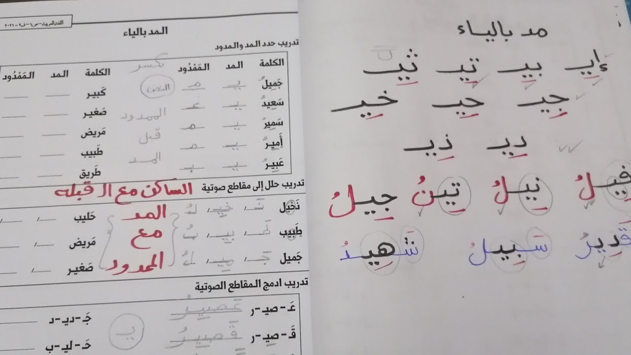 الدرس الثاني مد بالياء وازاي ينطق ف أبسط الكلمات نحو مجمع للصف الأول الإبتدائي ف مذكرة اوعي تفوتك 👌