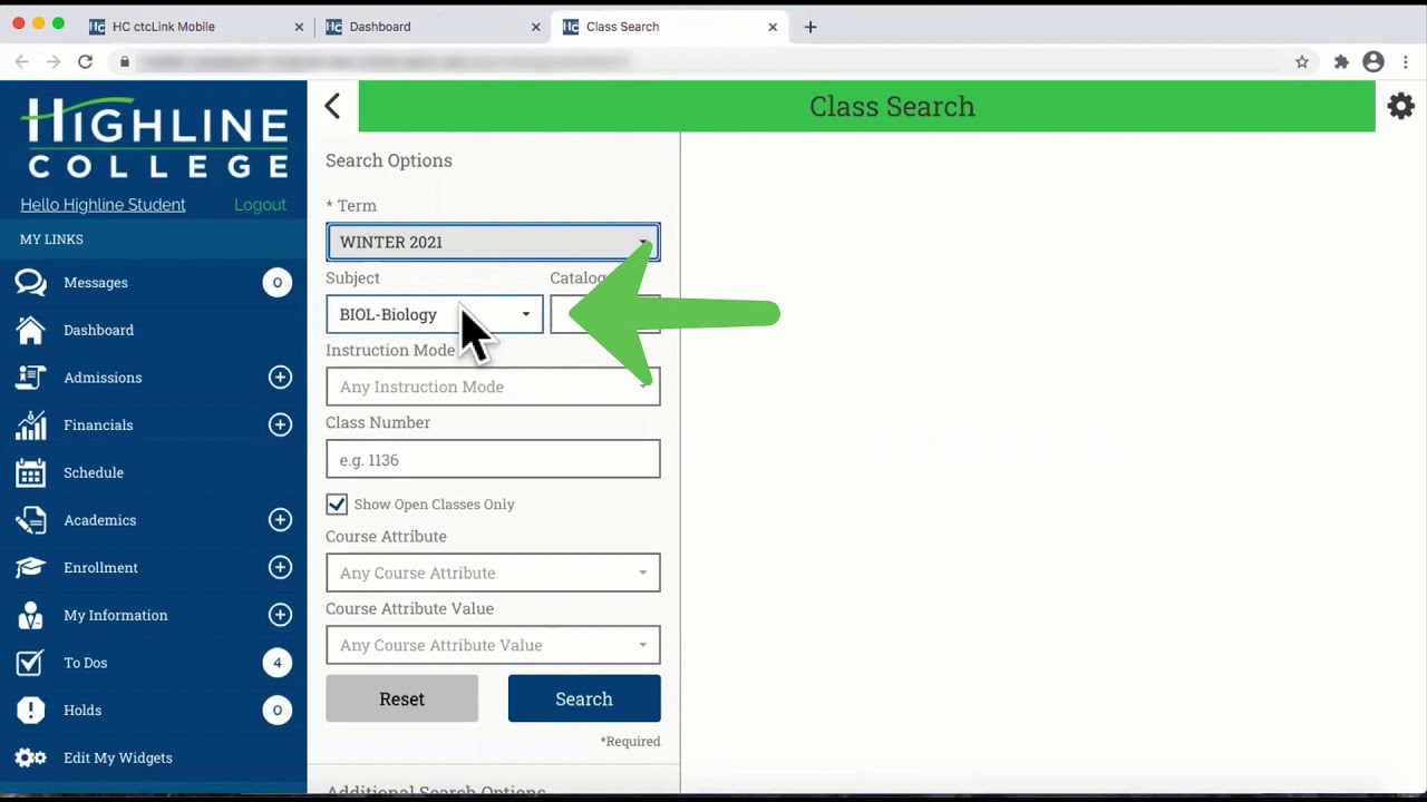 ctcLink: Search for Courses Using Mobile-Friendly Website on Desktop