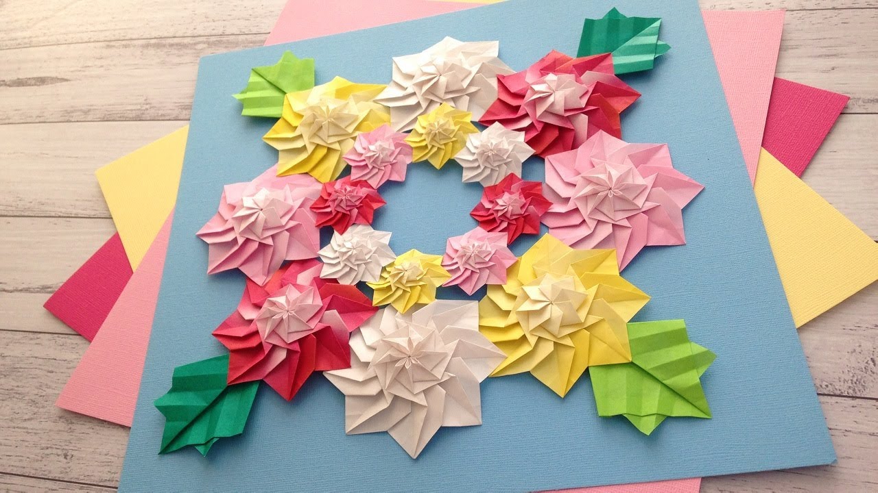 折り紙 菊の花のリース 折り方 Origami chrysanthemum flower wreath tutorial（NiceNo1）