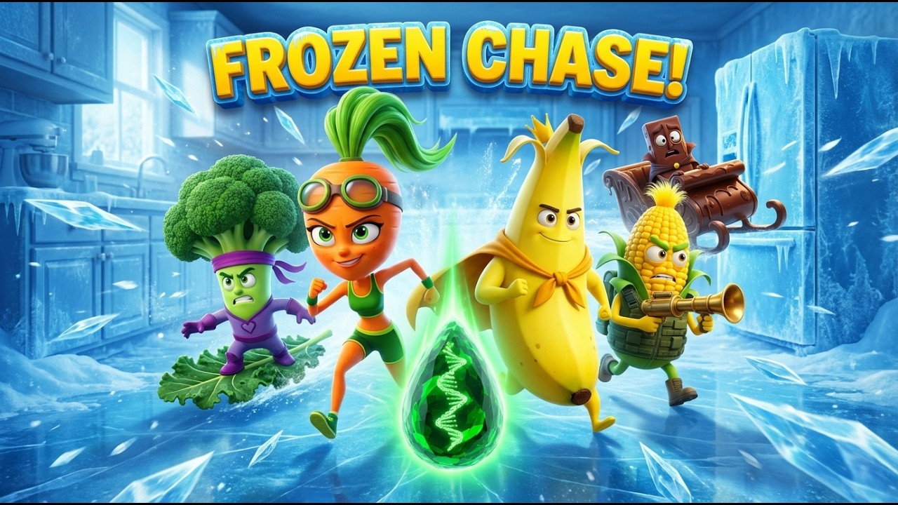FROZEN KITCHEN CHASE! ❄️ VEGGIE SQUAD  vs. Chocolate Baron (3D Animation)FROZEN KITCHEN CHASE! 2