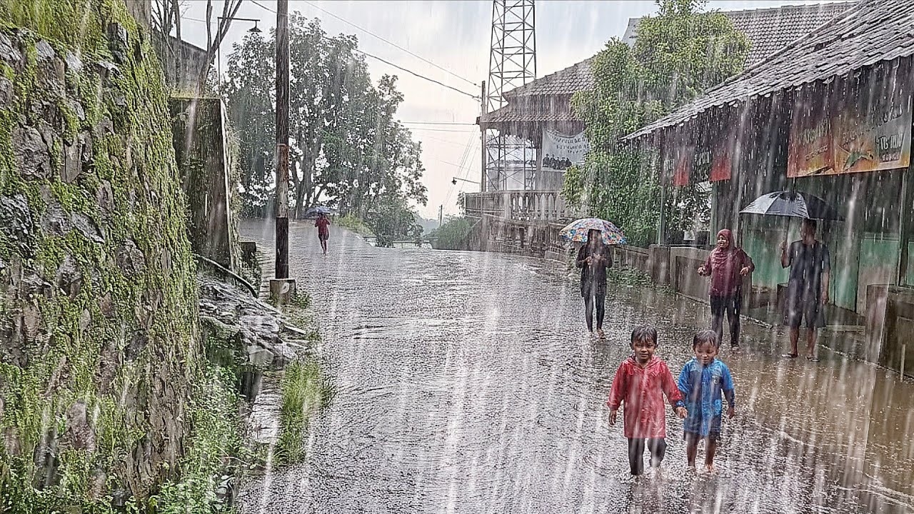 Heavy Rain Walk in Quiet Village | Relaxing Countryside Rain Ambience