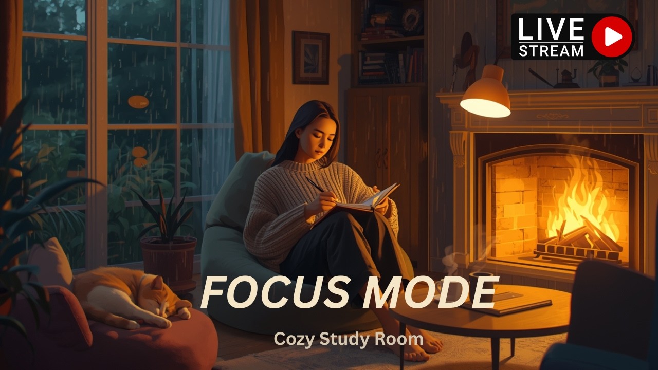 Study Cocoon Live 🌙 4 Hour Deep Focus | Cozy Fireplace & Rain Sounds Study Room