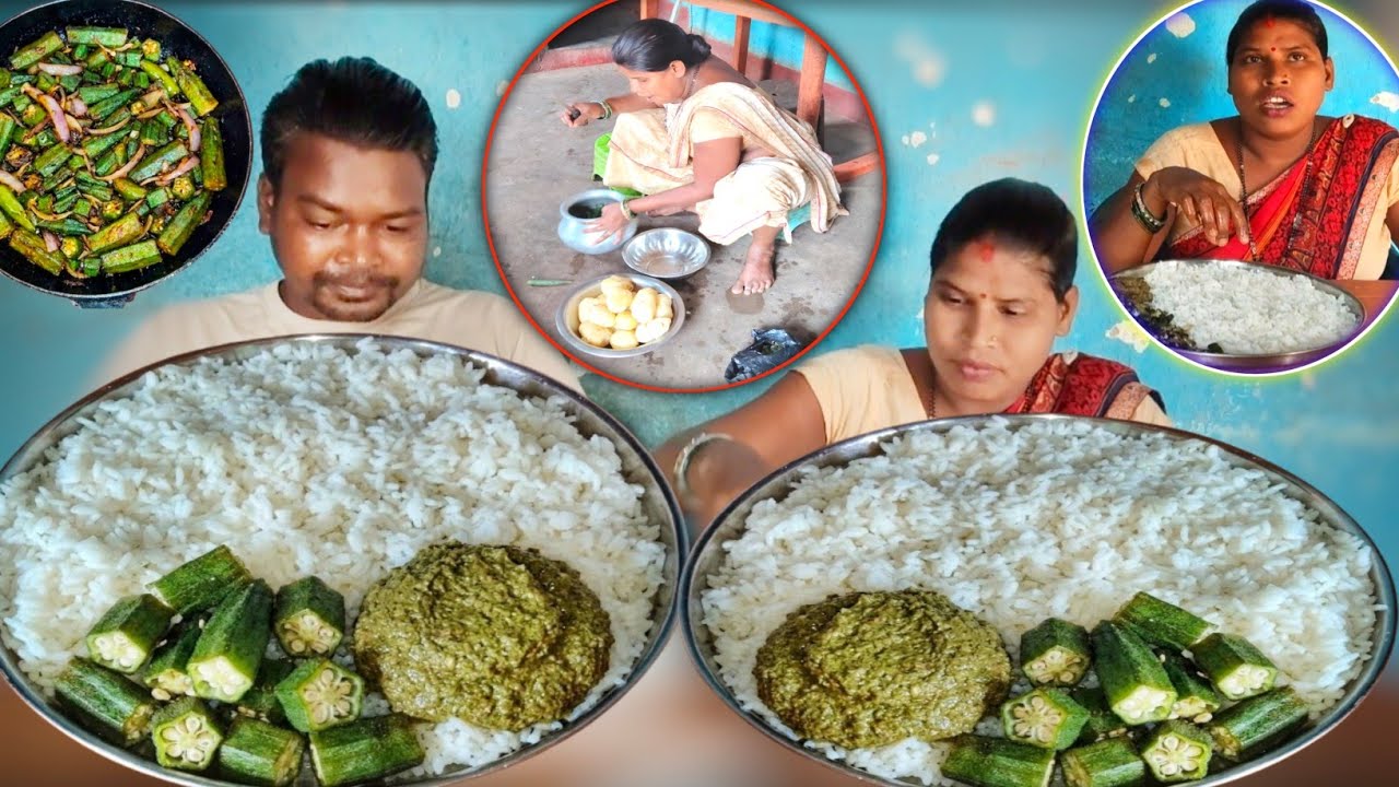 Village Style Ladyfinger Fry & Fresh Mint Pudina Chutney with Steamed Rice | Traditional Eating Show