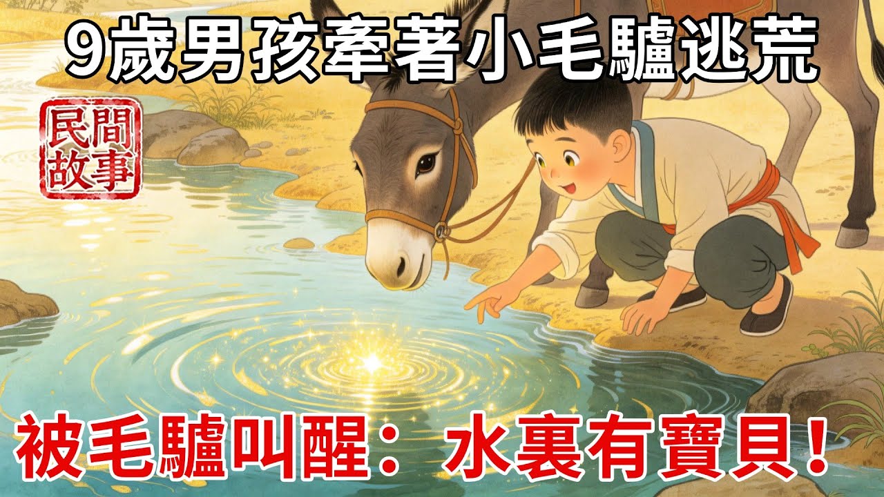 山洪卷走全村糧倉，9歲男孩牽著小毛驢逃荒，餓暈在河灘，被毛驢叫醒：主人，快醒醒！水裏有寶貝！#民間故事 #傳統文化 #原創虛構 #華語有聲書 #槐樹下聽書