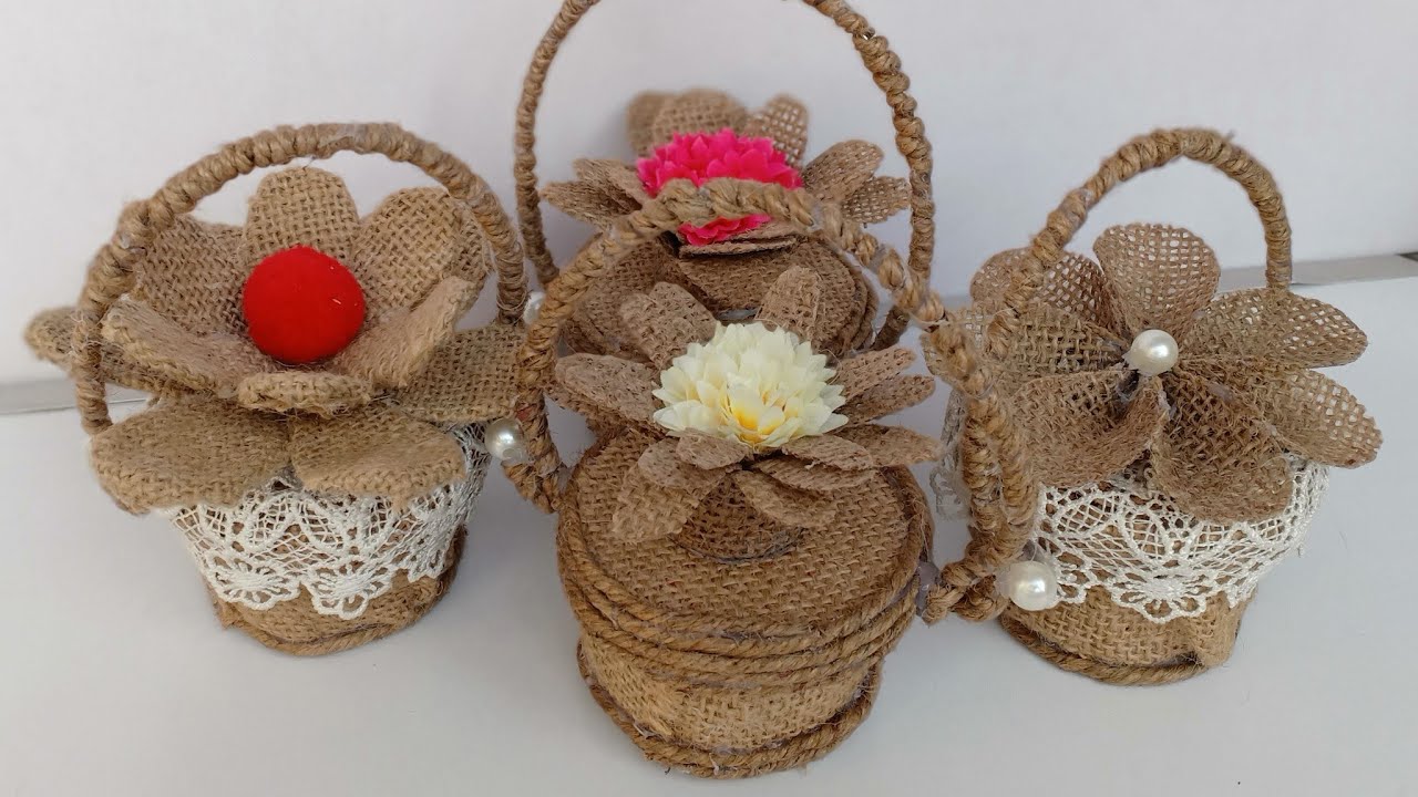 DIY Mini Flower Basket using Jute / Jute Crafts for Home Decoration/ Golden Fiber Crafts