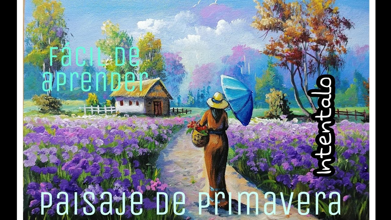 #50. Como pintar paisaje de PRIMAVERA, con mujer con SOMBRILLA AZUL.