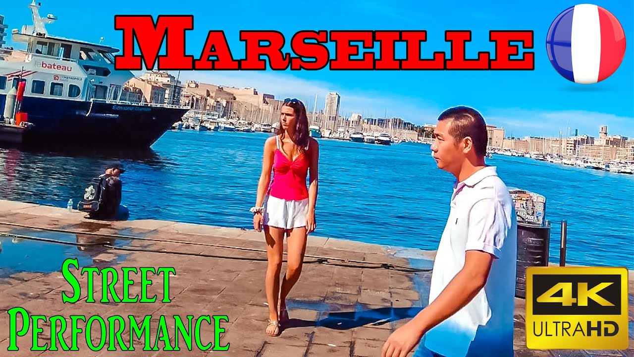 Marseille, France, street performance at Vieux port - 4k UHD 60fps -walking tour- with Subtitles