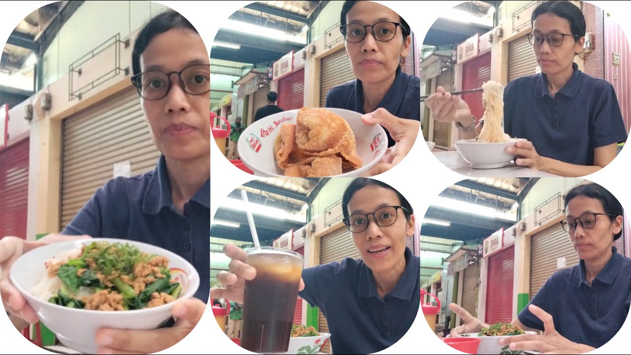 Makan bihun ayam dan pangsit goreng, minum nya liang teh pakai es