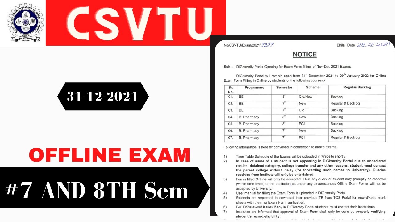 BE-B.Pharma-7&8th Sem Offline Exam Form | CSVTU