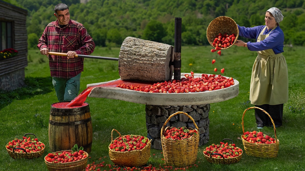 Sweet Strawberry Jam Made with Stone Press! Ancient Village Method