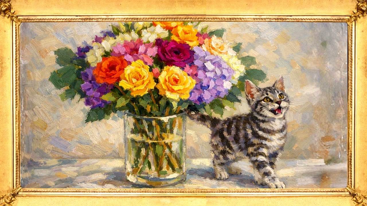 Frame TV Art 4K Screensaver  Oil Painting Impressionism Art | oil painting happy kitten flower vase