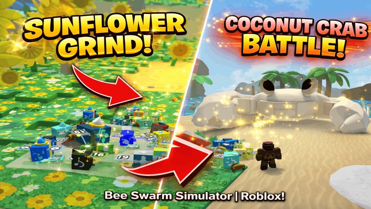 Grinding sunflower field and coconut crab battle! In Bee Swarm Simulator | Roblox!