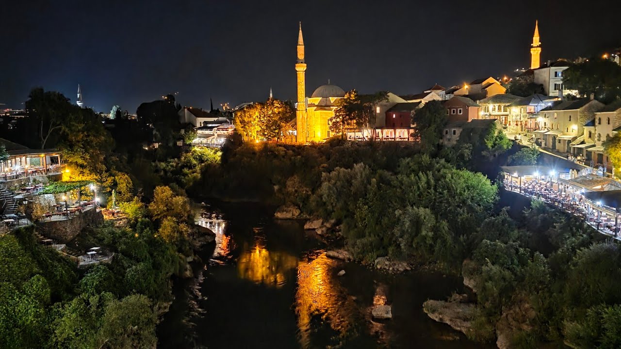 Nighttime walk through magical old streets of Mostar | Old Bridge and riverside dinning