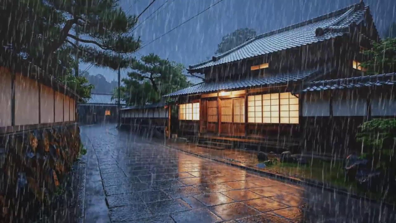 Peaceful Night Rain Ambience on Silent Road Near Cozy Home for Calm