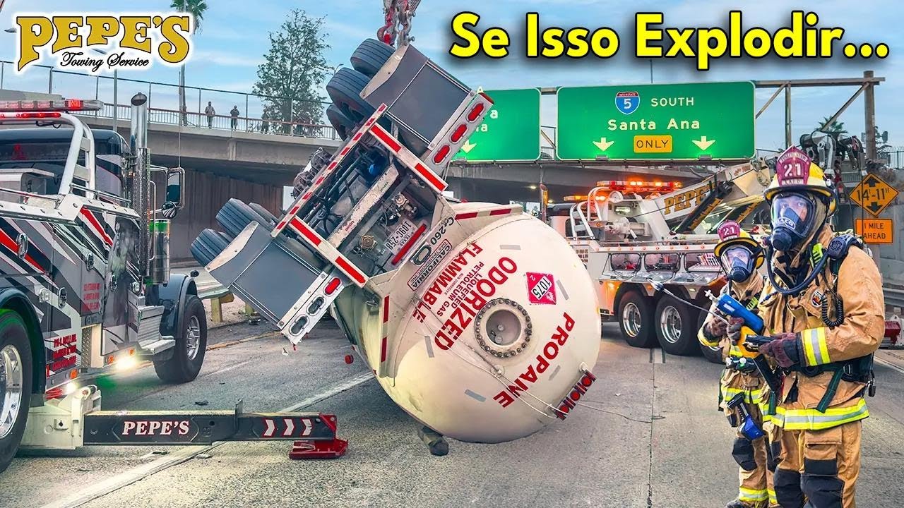 O trabalho mais perigoso? Caminhão de gás tomba na rodovia