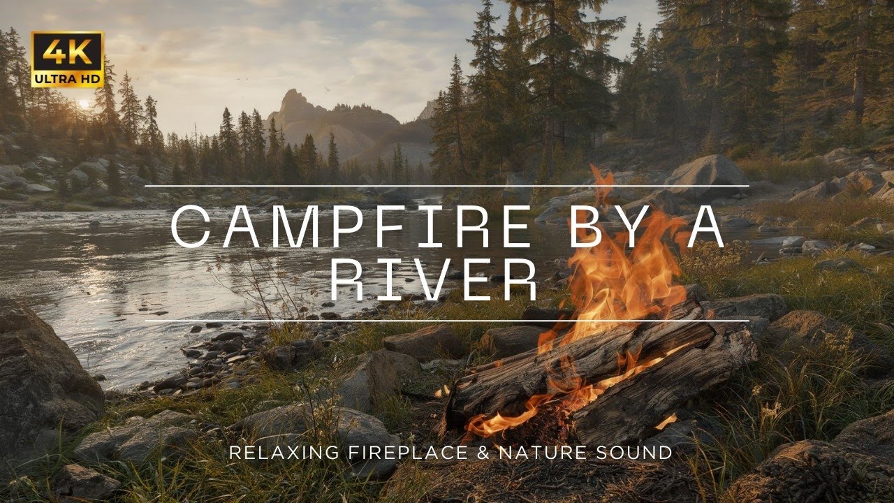 Cozy Campfire by a Mountain River (4K)🔥🌲 Peaceful Nature Ambience for Relaxing & Studying