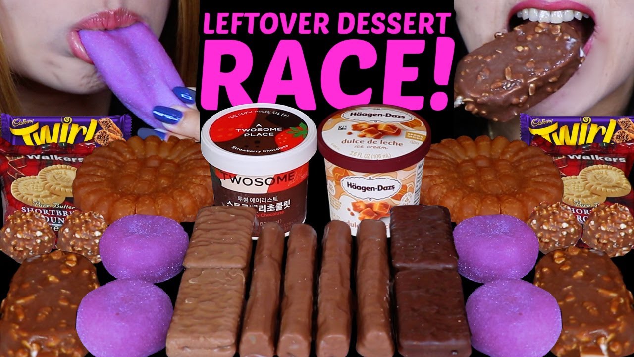 ASMR LEFTOVER DESSERT RACE! PURPLE MOCHI ICE CREAM, CADBURY CHOCOLATE, FERRERO, ICE CREAM SUNDAE 먹방