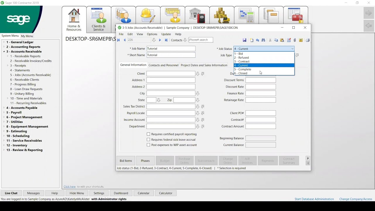 How To Create A New Job In Sage 100 Contractor