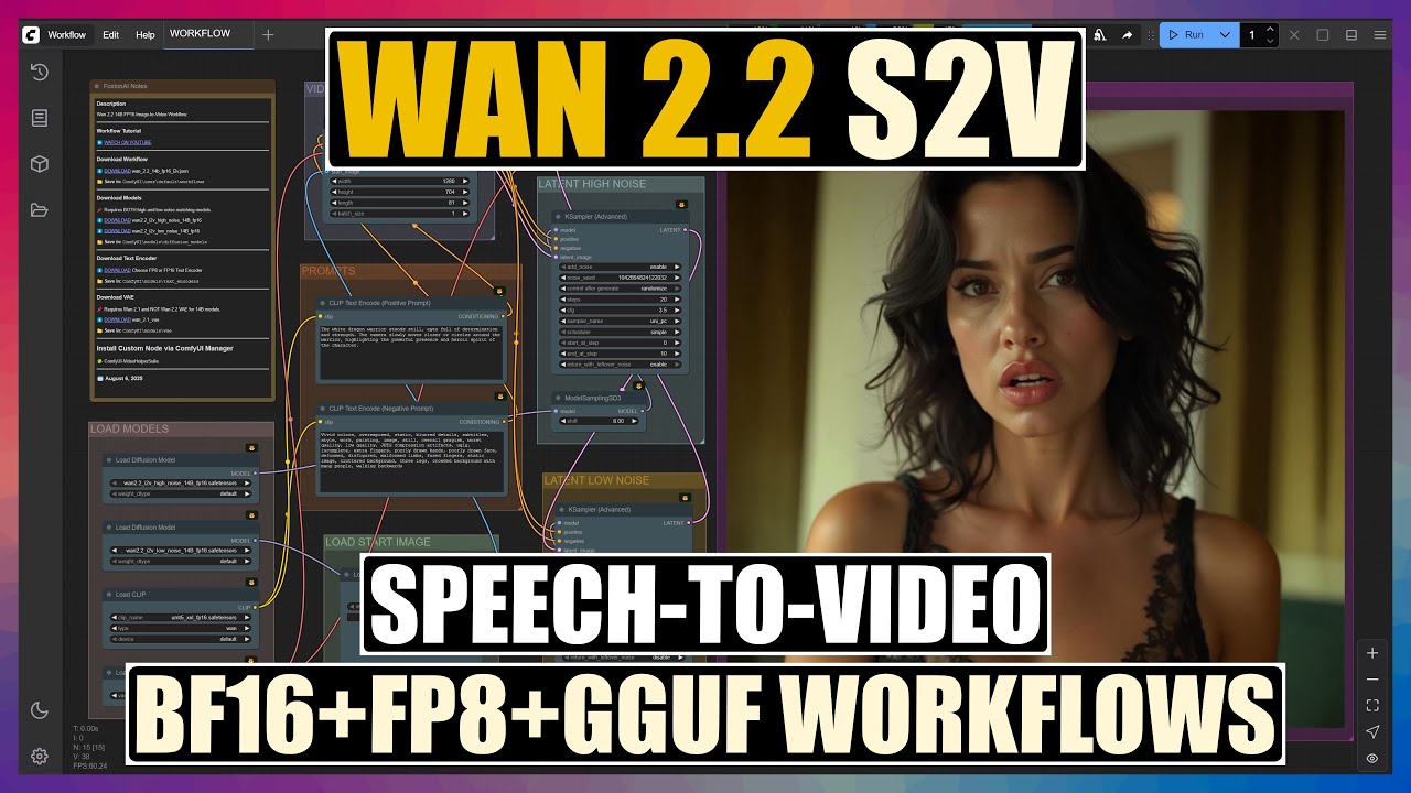 WAN 2.2 S2V [BF16+FP8+GGUF] Samouczek dotyczący konwersji mowy na wideo w interfejsie ComfyUI + p...