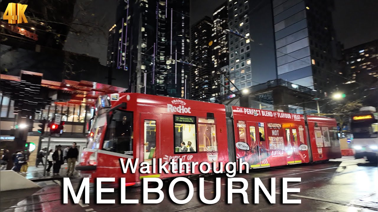 Melbourne City at Night Walkthrough Australia 4K Video