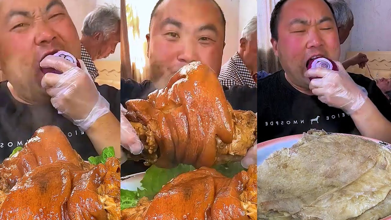 Eat a piece of pork that tastes very delicious.