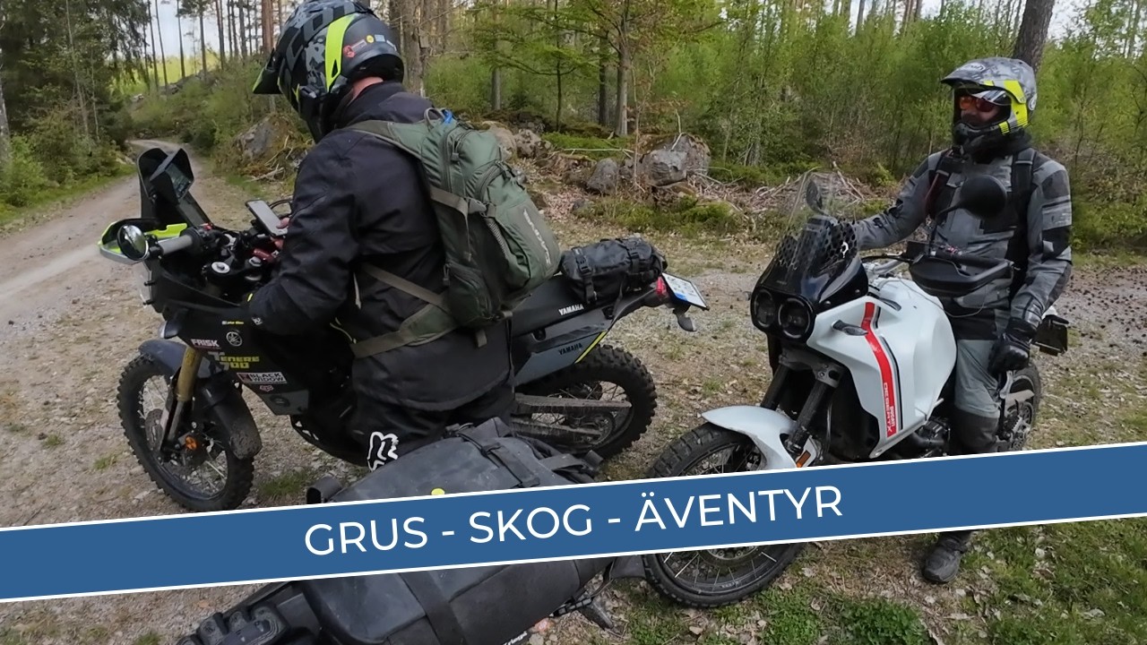 Två Tenere 700 and Ducati Desert X  | på grusvägar och i skog.
