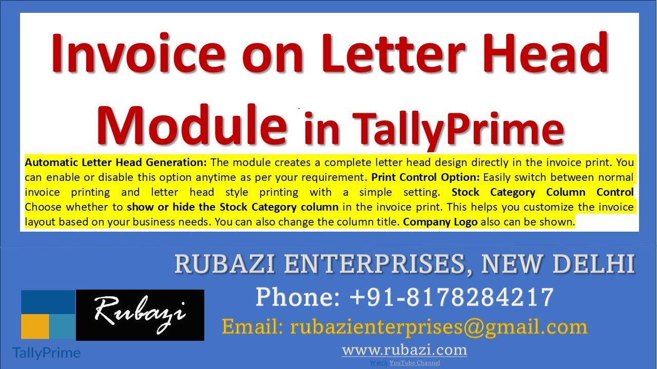 Invoice on Letter Head Module in TallyPrime