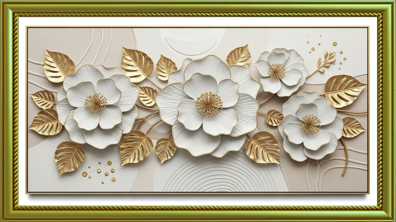 Luxury White & Gold Floral Relief 4K Wall Decor | 120-Minute Modern Display