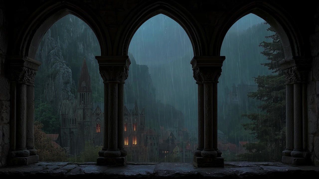 Cozy Rain for Sleep Immediately in Night Castle Window - Rain Sounds and Thunderstorm