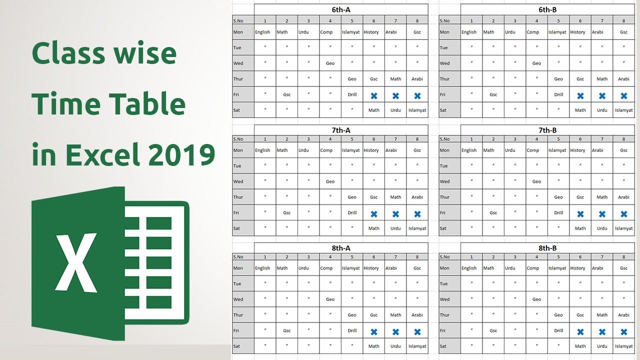 How to create Class wise Time table in ms Excel 2019