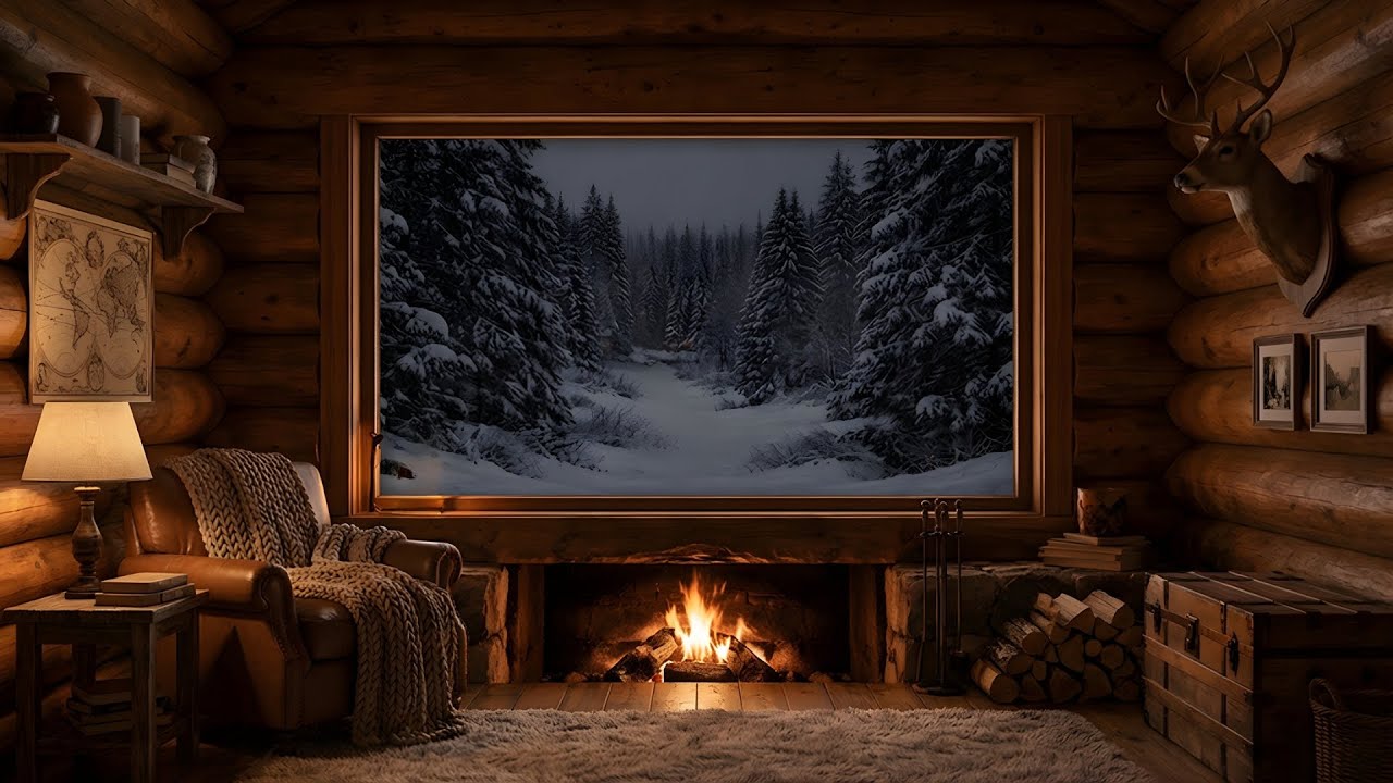 Nighttime Winter Cabin with Fireplace | Calm Cozy Ambience for Sleep & Relaxation (4K)