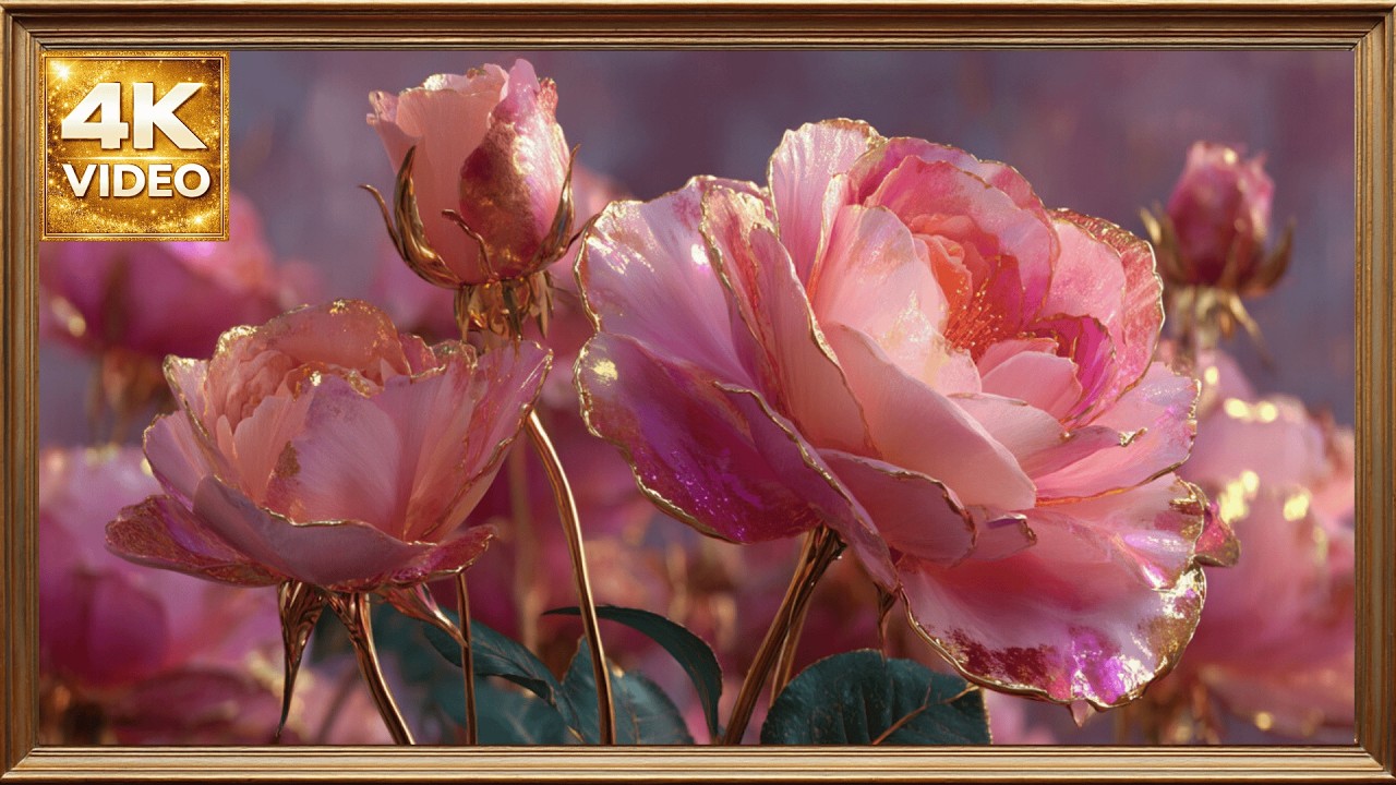 Rosas Elegantes con Brillo Dorado 4K | Arte Floral Elegante para TV | Pantalla Estática Sin Música