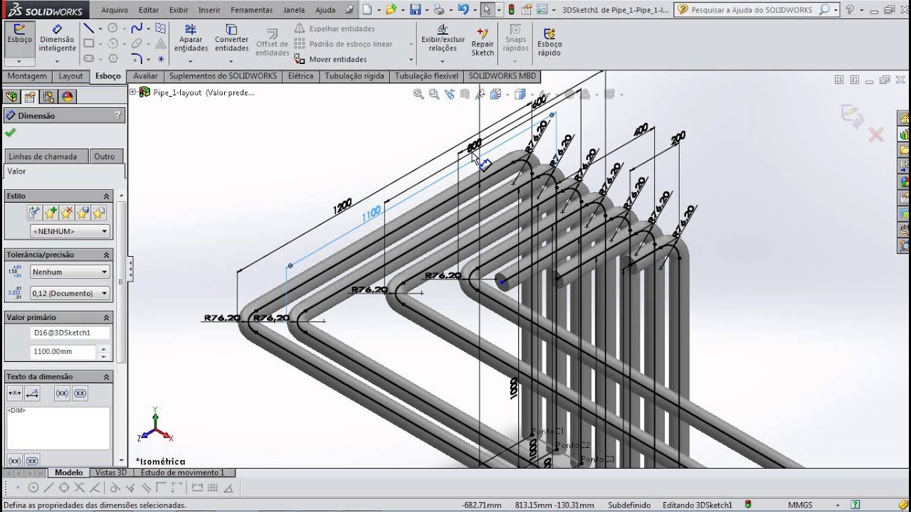 Aula 131 - Criando Tubulações Lineares - Solidworks - Marcelo Pereira