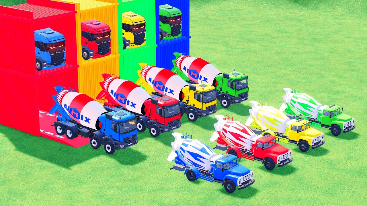 Garage with Colors - ALL MIXER TRUCK WITH DOUBLE FLATBED TRAILER TRUCK, VOLVO, MAN, LIZARD - FS22