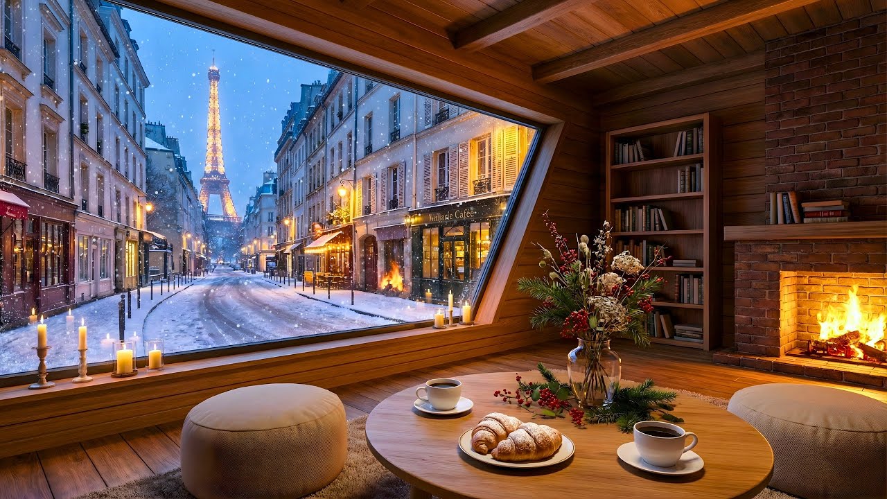 Paris Winter Jazz ☕ Warm Coffee Ambience & Smooth Jazz Piano for Work, Study, Relax ❄️ Night Paris